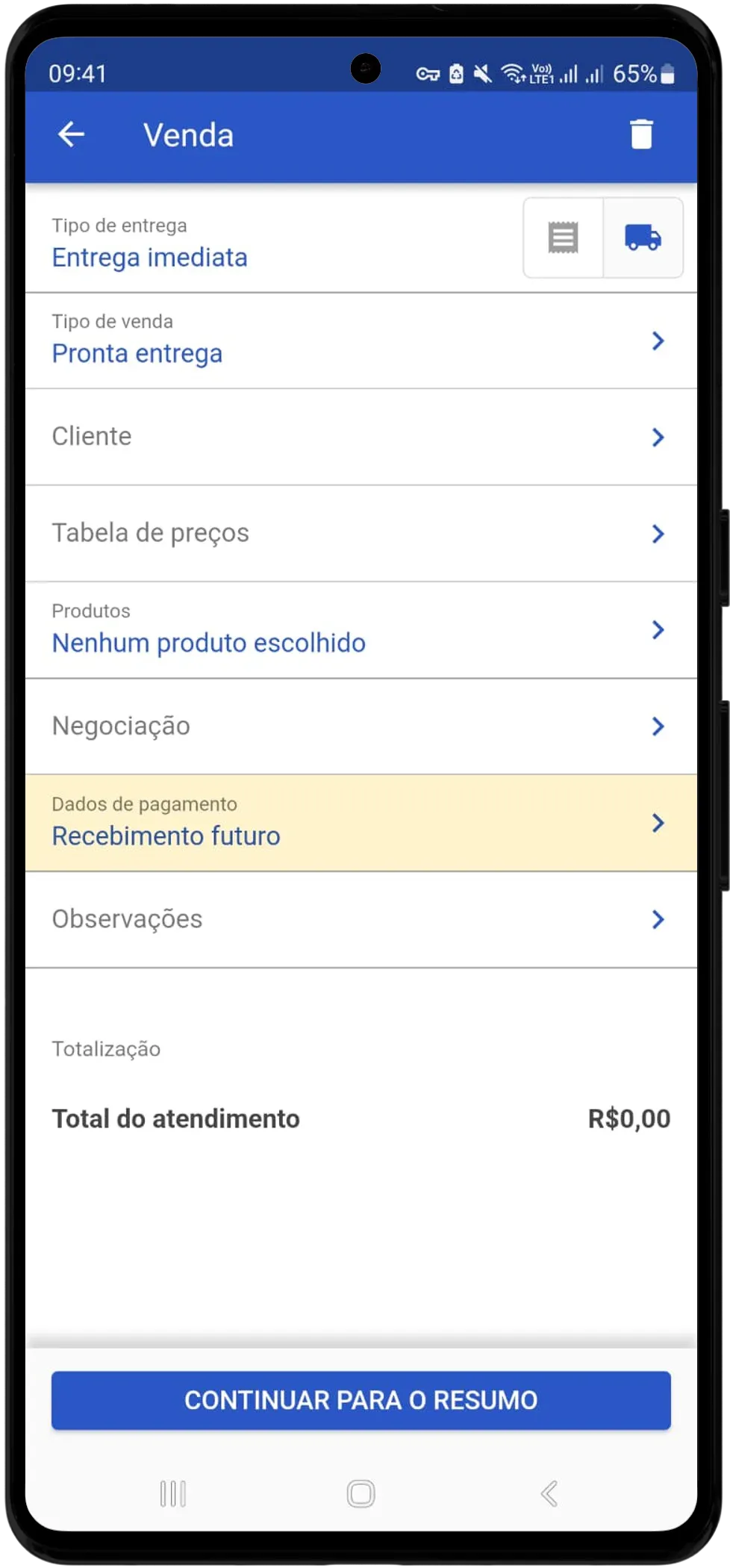 Tela de venda no app: vendedor lança pedido com regra de preço travada e calcula comissão Flex automática.