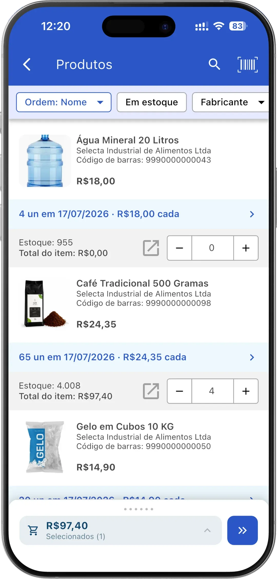 App VendasExternas — catálogo de produtos com preços