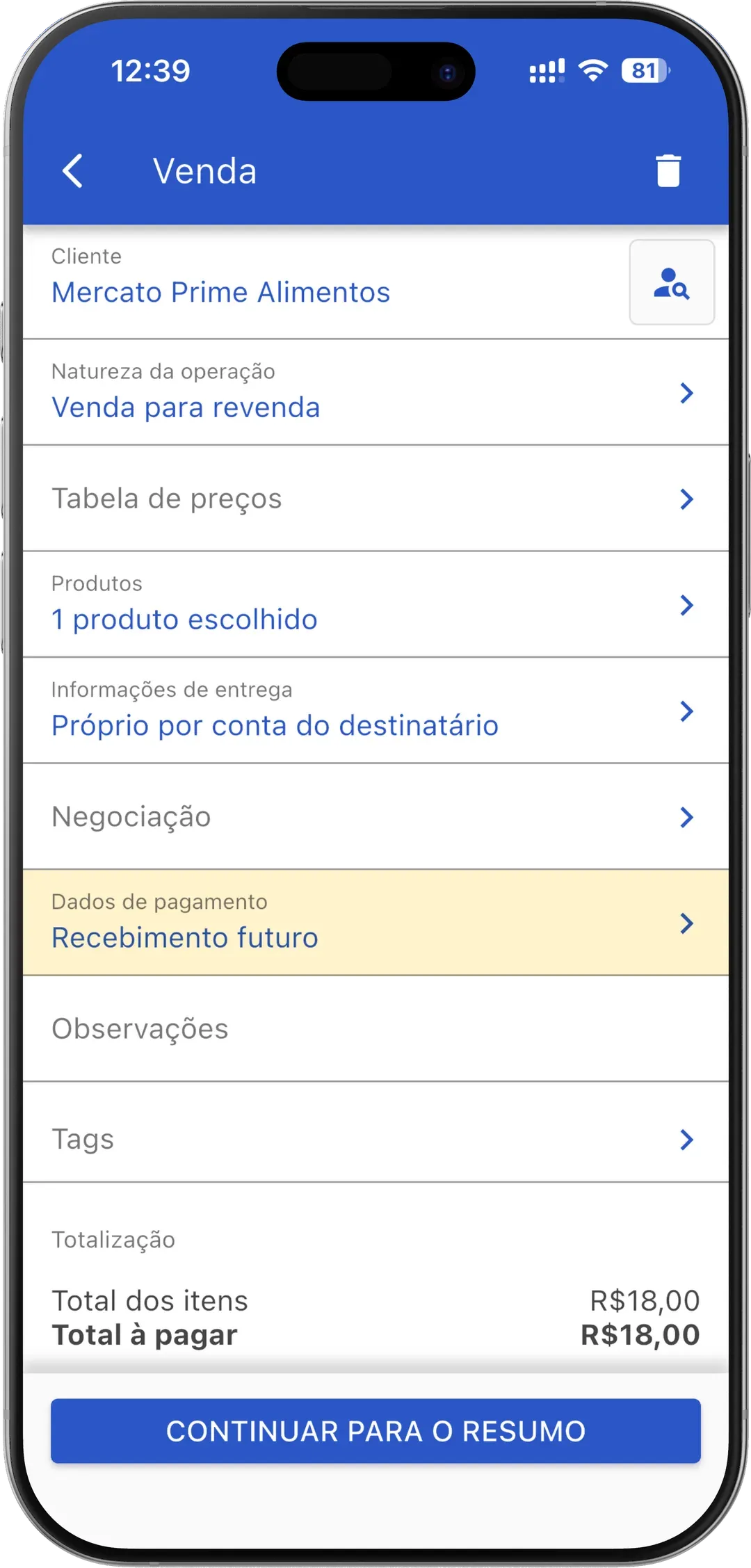 App VendasExternas — pedido de venda com tabela de preços