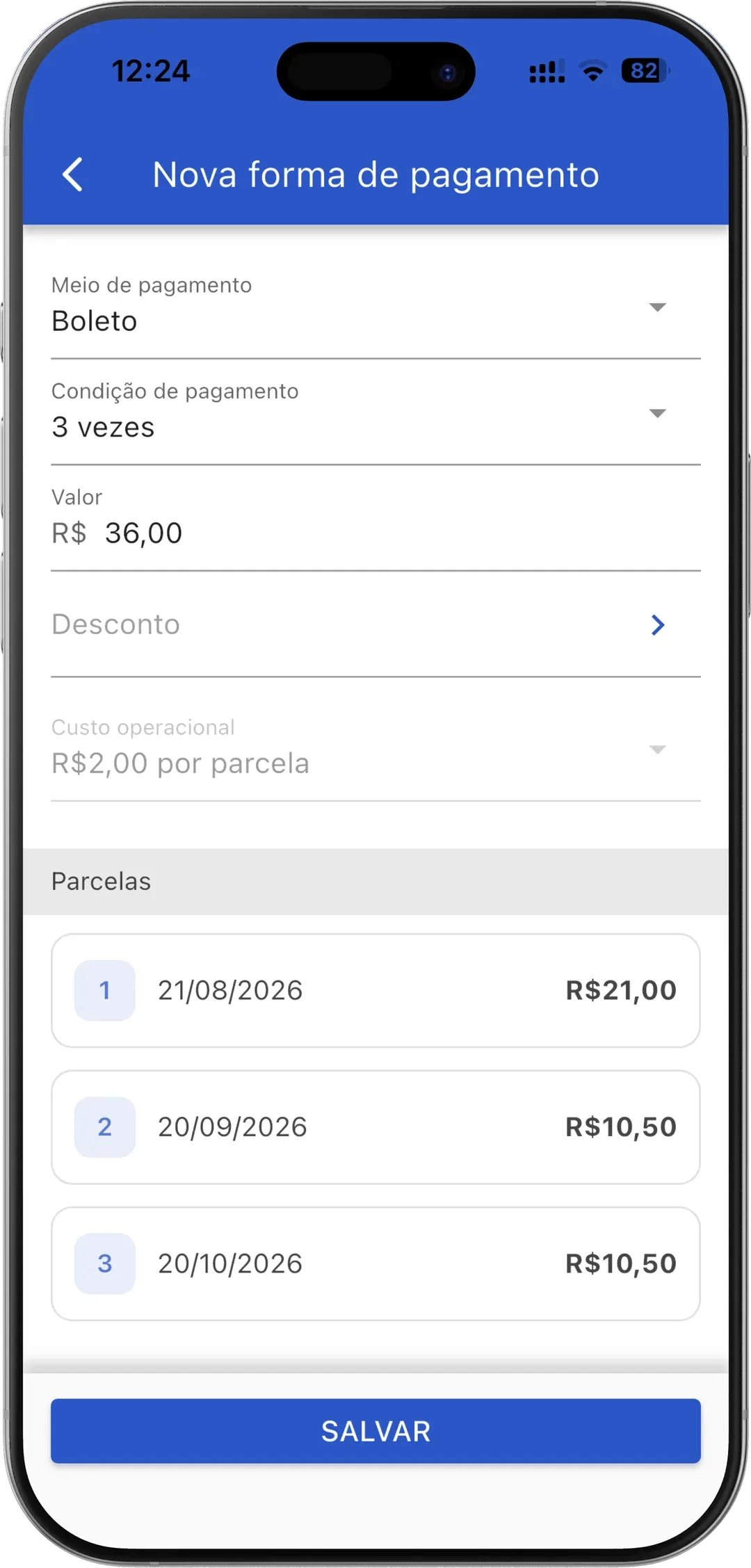 App VendasExternas — forma de pagamento com boleto e parcelas