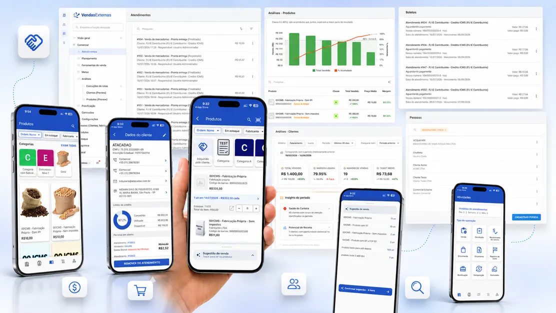 App VendasExternas e painel web mostrando produtos, análises de vendas, boletos e sugestão de venda em uma operação de distribuidora