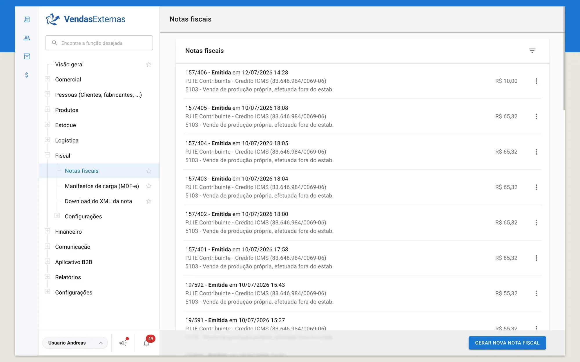 Painel VendasExternas — notas fiscais