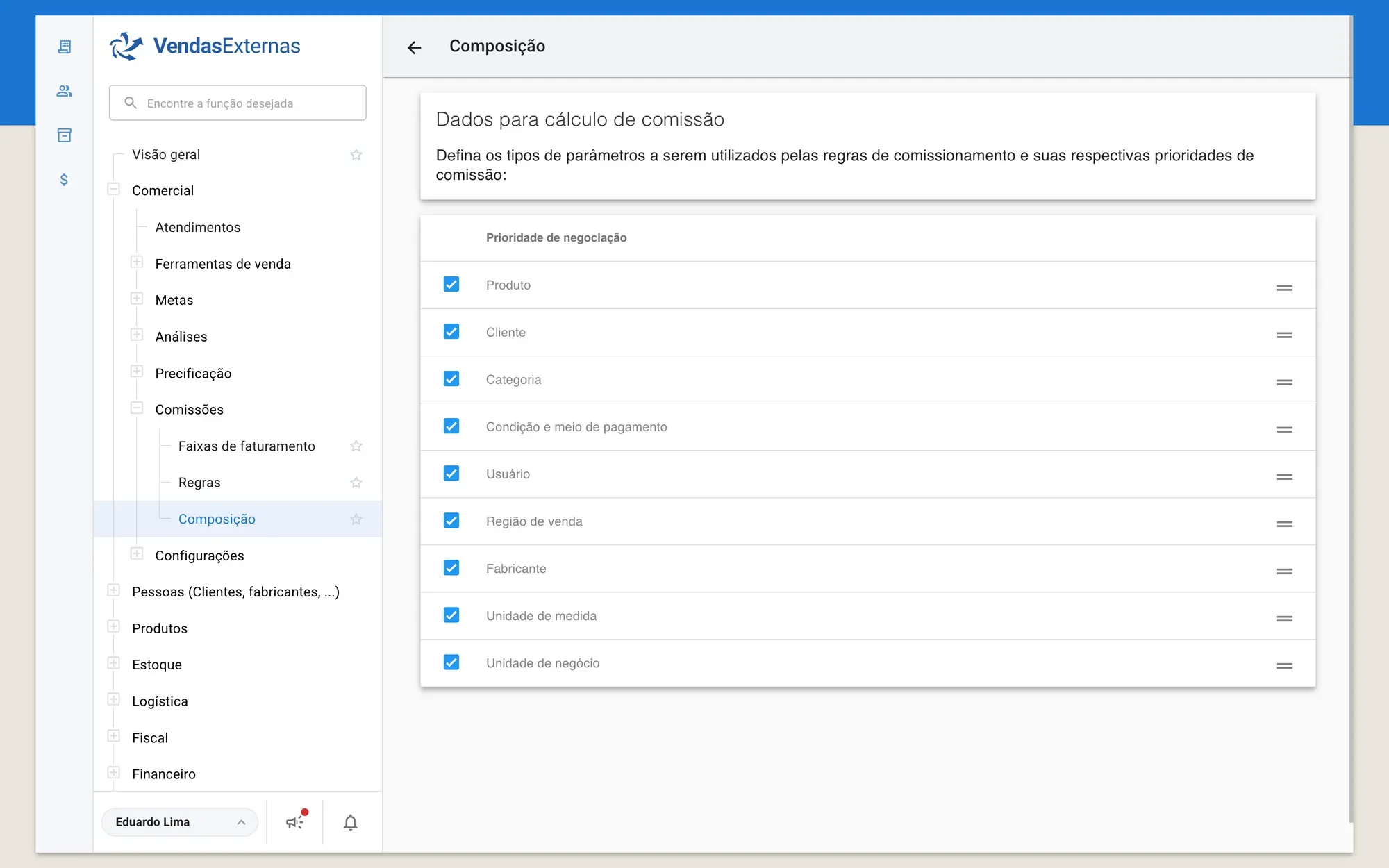Painel VendasExternas — comissões